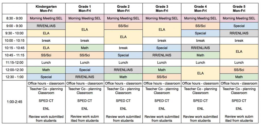 Daily All Virtual Grid Schedule for Elementary