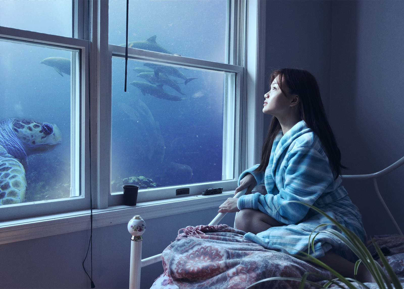 juried artwork selection of girl on bed looking out window into the sea
