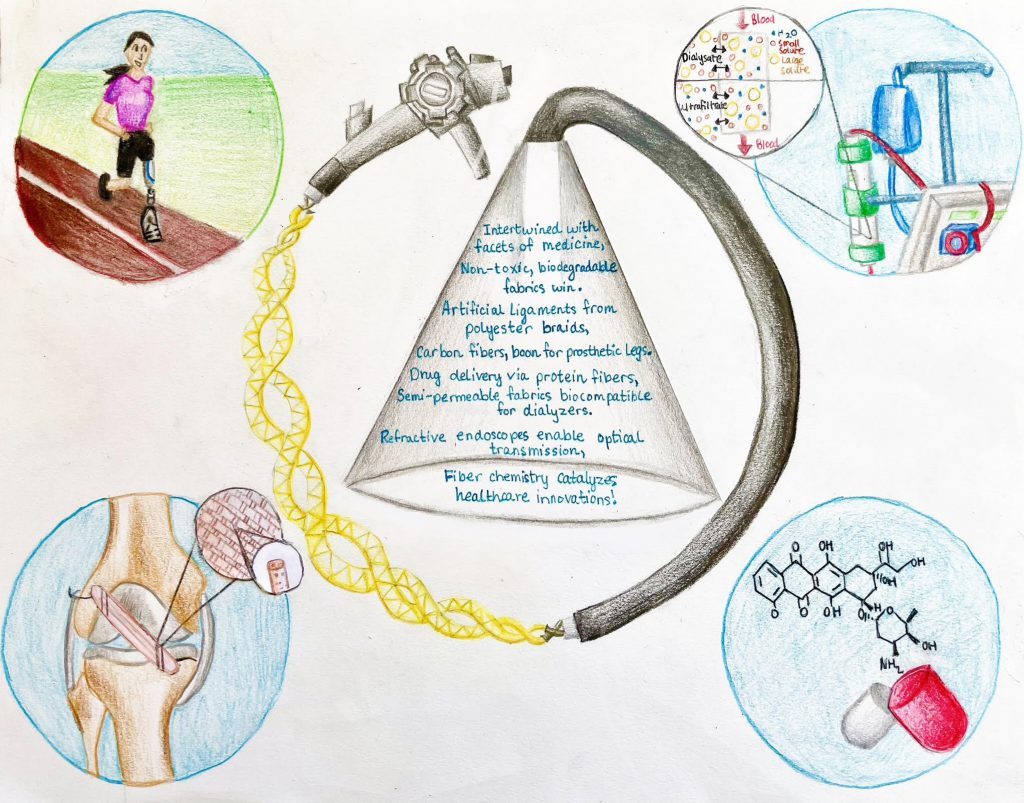 Drawing of girl running, tendon, chemistry set and molecule breakdown. Words on poster: Intertwined with facets of medicine, non-toxic, biodegradable fabrics win. Artificial ligaments from polyester braids, carbon fibers, bone for prosthetic legs. Drug delivery via protein fibers, semi-permeable fibers biocompatible for dialyzers. Refractive endoscopes enable optical transmission, fiber chemistry catalyzes healthcare innovations!