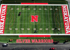 new turf field drone shot with words that say niskayuna and silver warriors