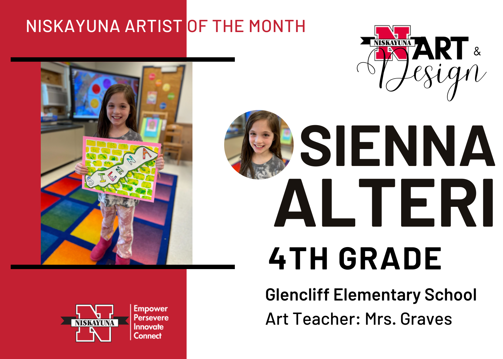Photo that says Niskayuna Artist of the month Sienna Alteri 4th grade Glencliff Elementary School