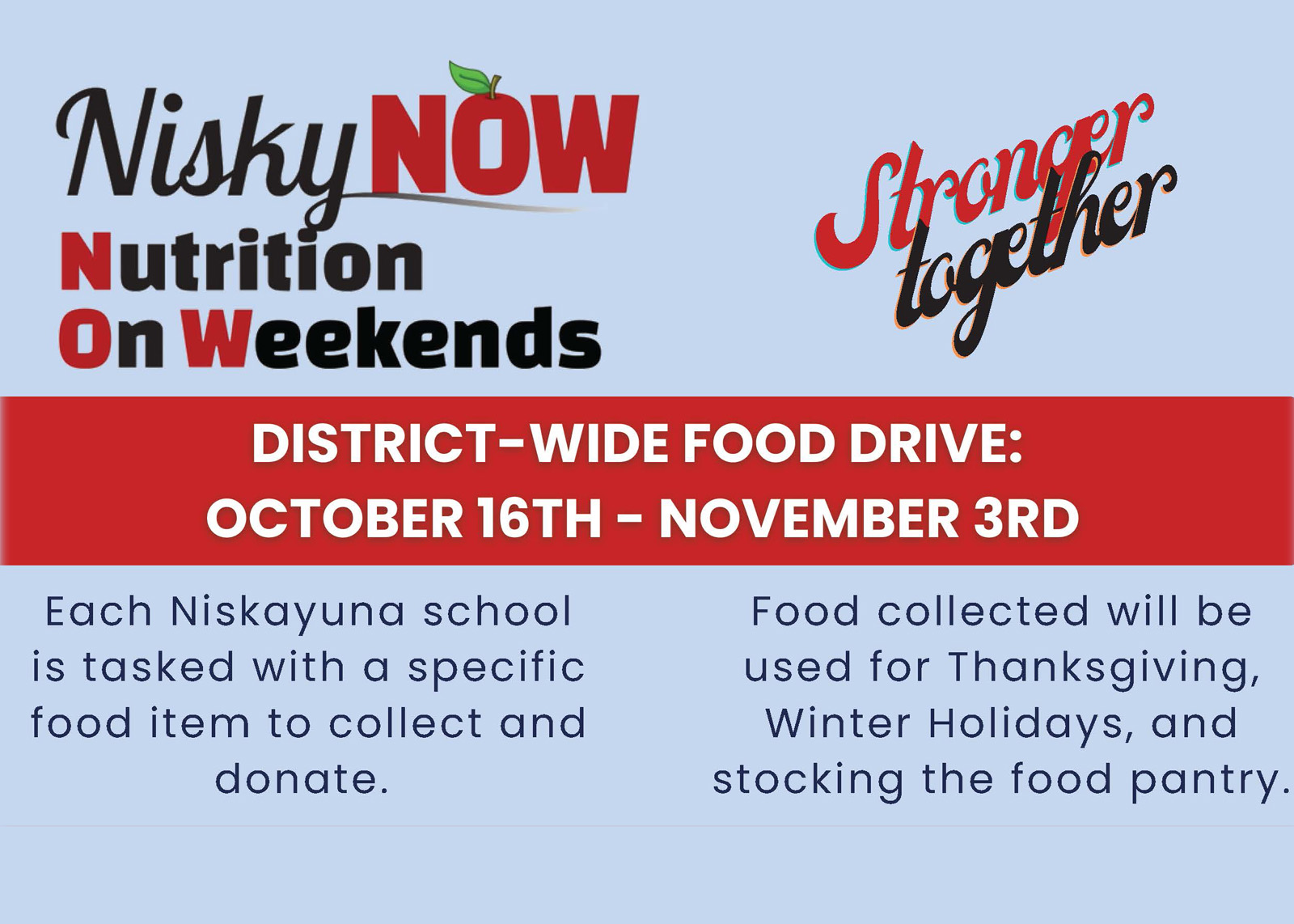 Nutrition on Weekends food drive announcement