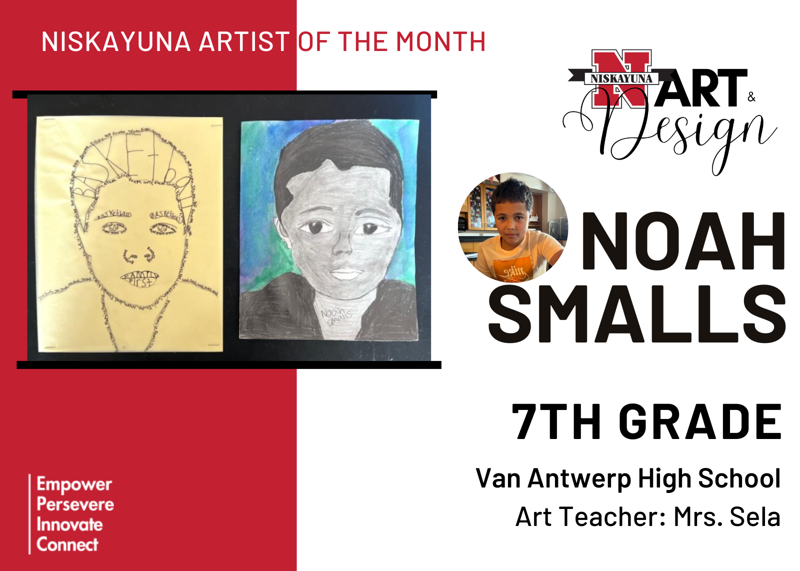 A flyer featuring Noah Small's artwork. Noah is a 7th grader at Van Antwerp Middle School.