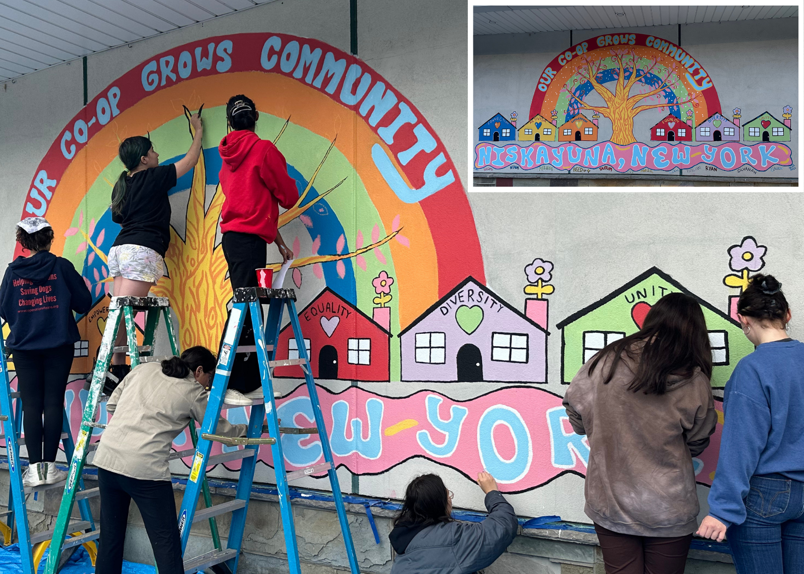 students paint mural on side of store wall