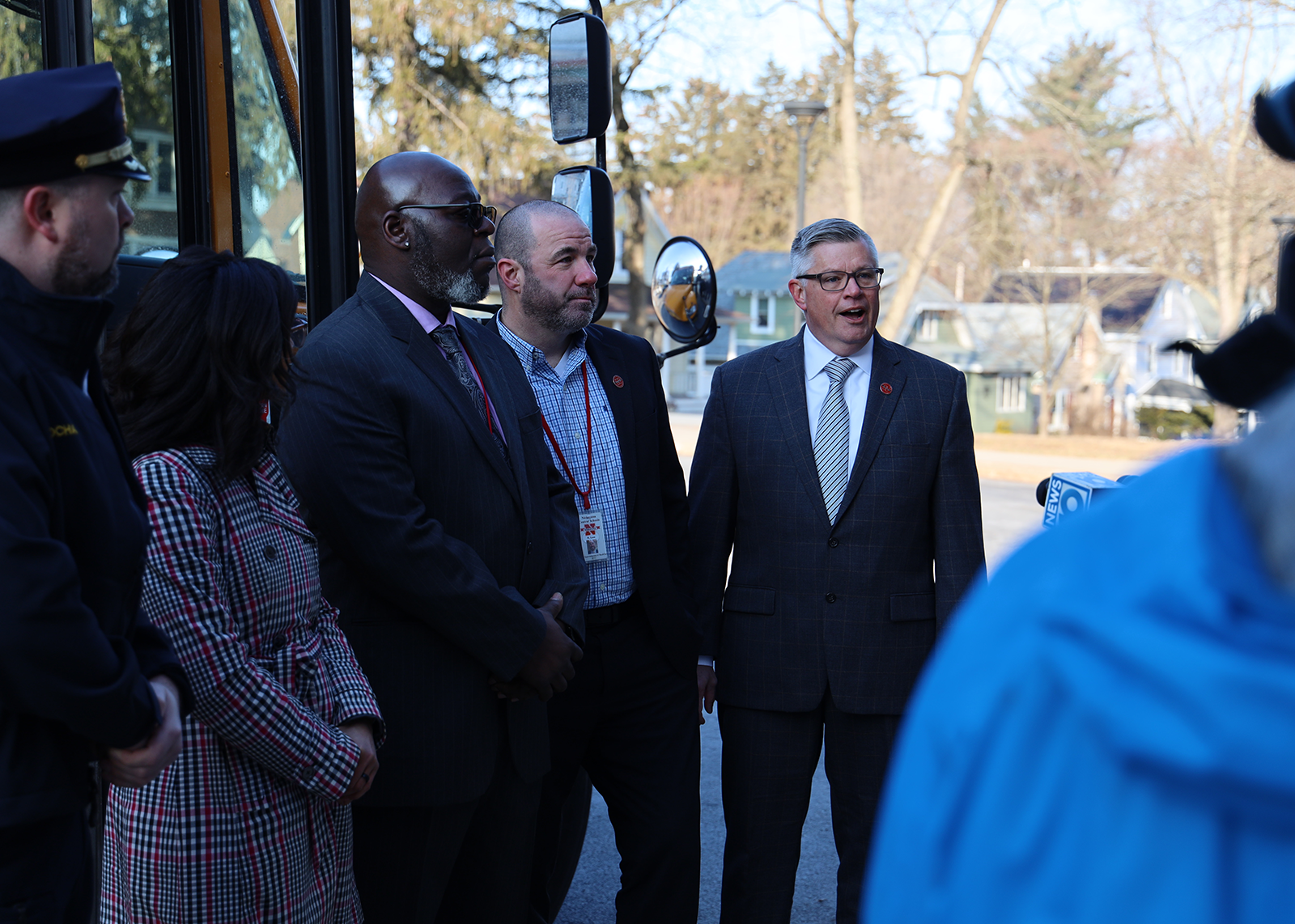 Niskayuna town and school officials speak to members of the media about the new AI-powered stop arm cameras on all district buses