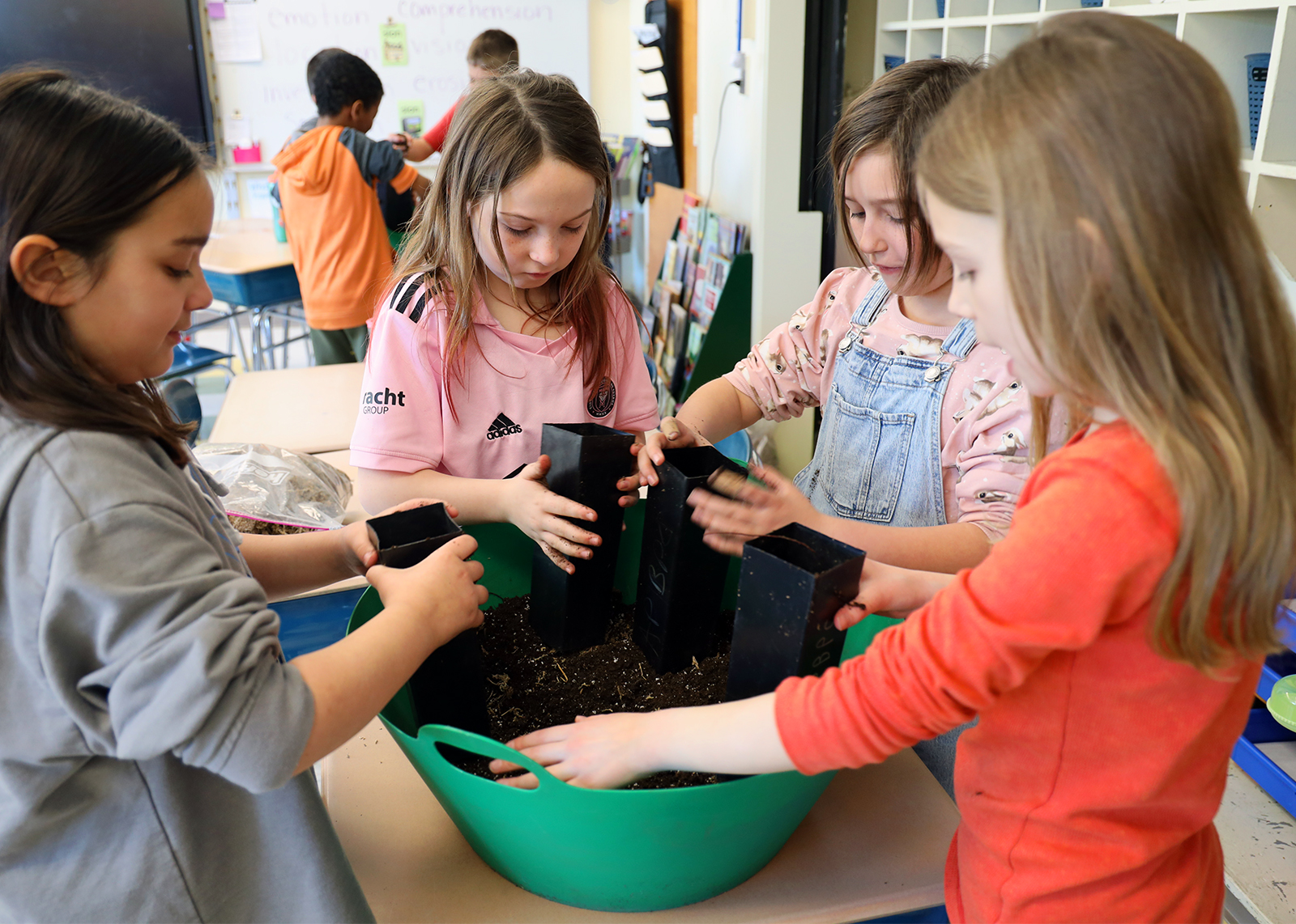 elementary students planting seeds