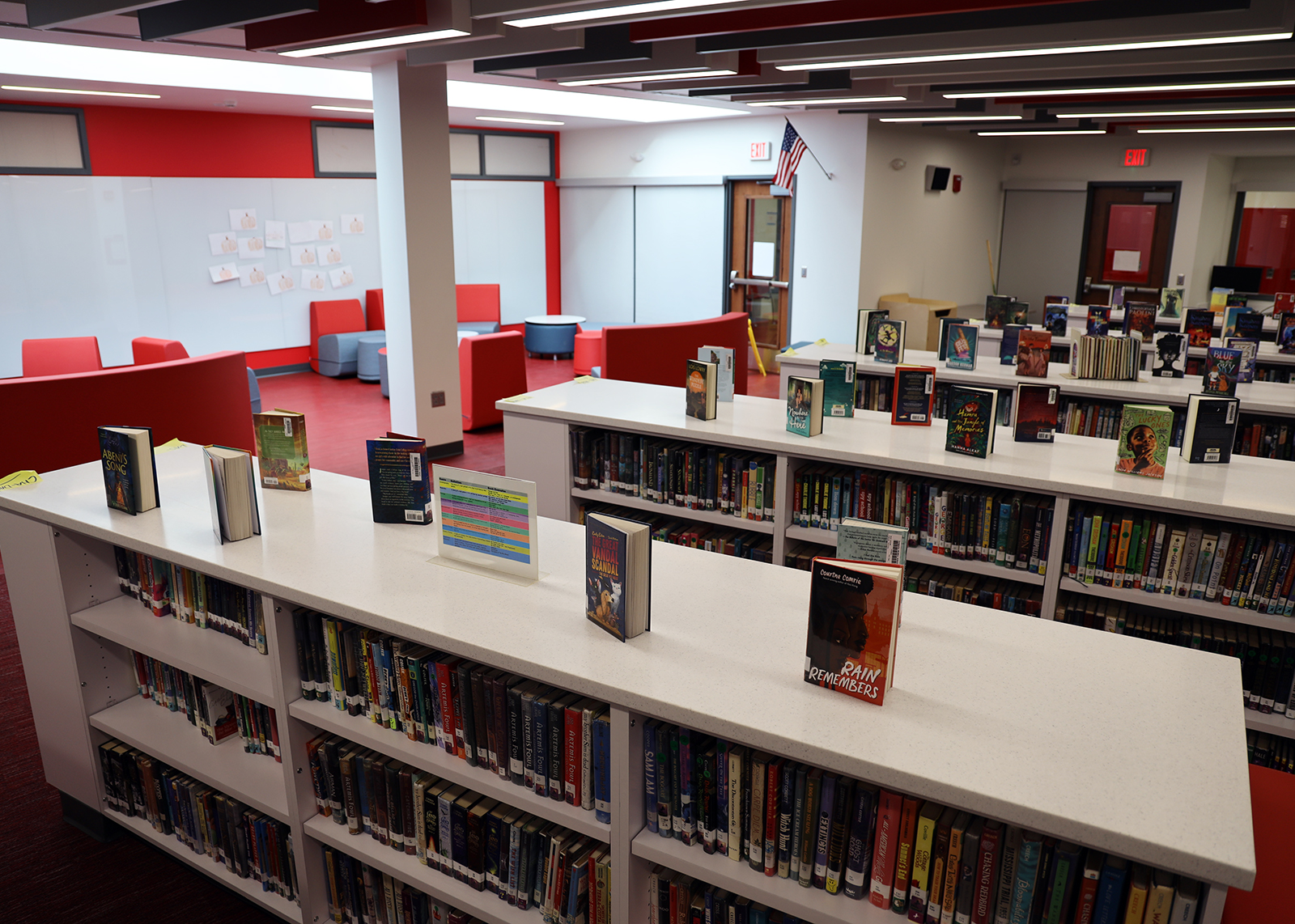 Newly renovated library with white bookshelves.
