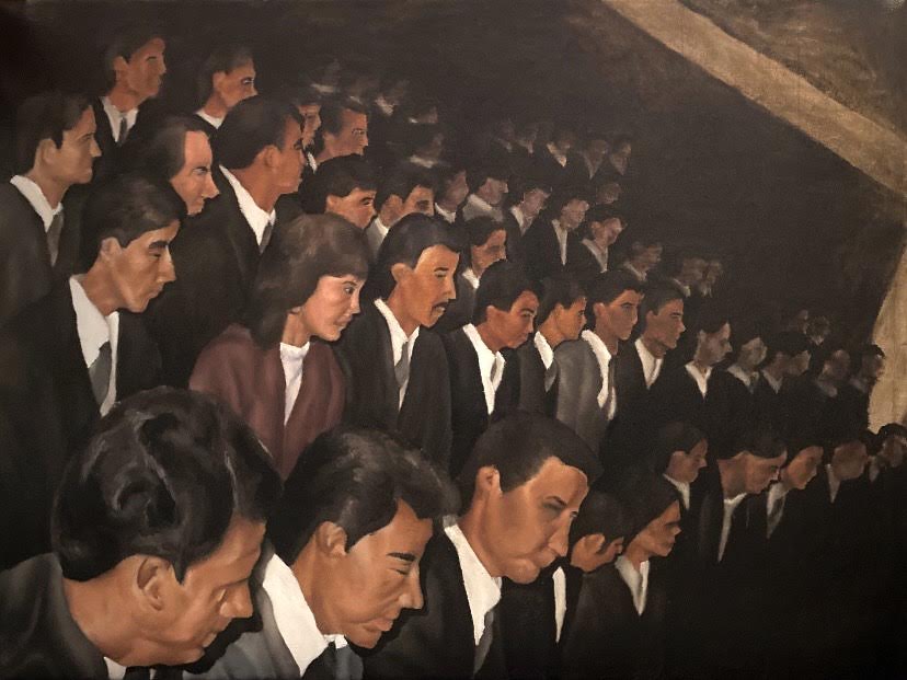 A painting of a crowd of men with one woman, all sitting facing the same direction.