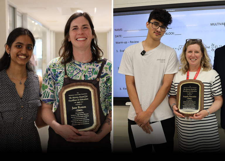 two students with teachers holding plaques