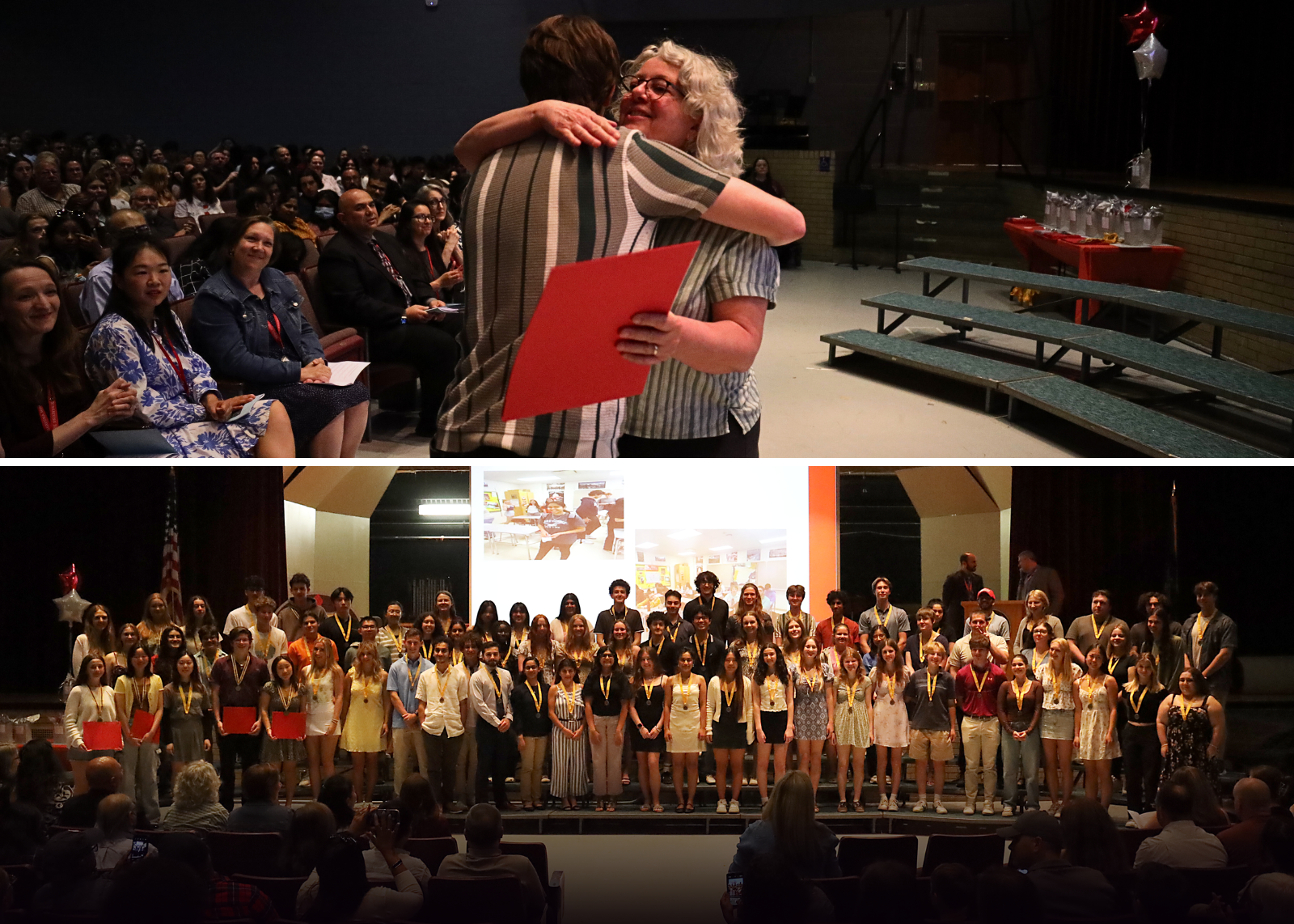 group of awards winners on bottom. student and teacher hug on top.
