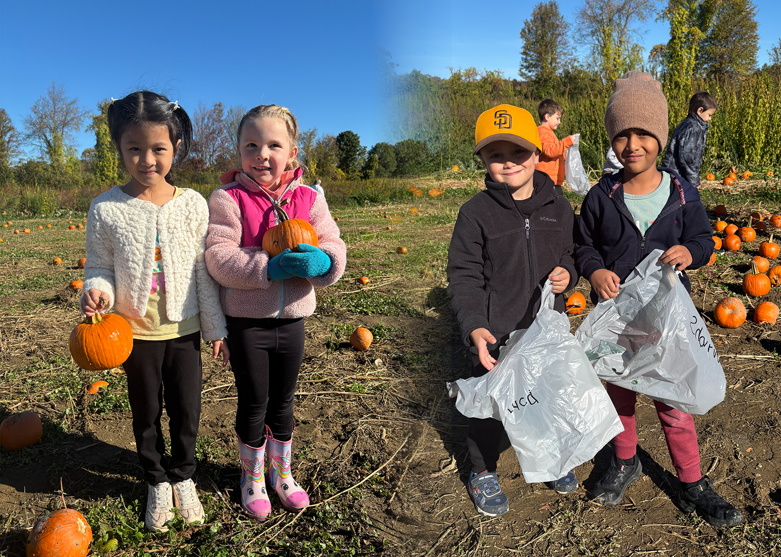 pairs of kindergartners smiling at a pumpkin patch