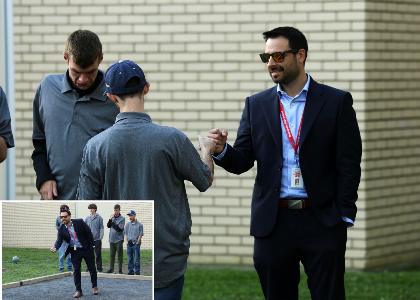principal fist bumps student at bocce game. inset photo of principal taking a turn at bocce