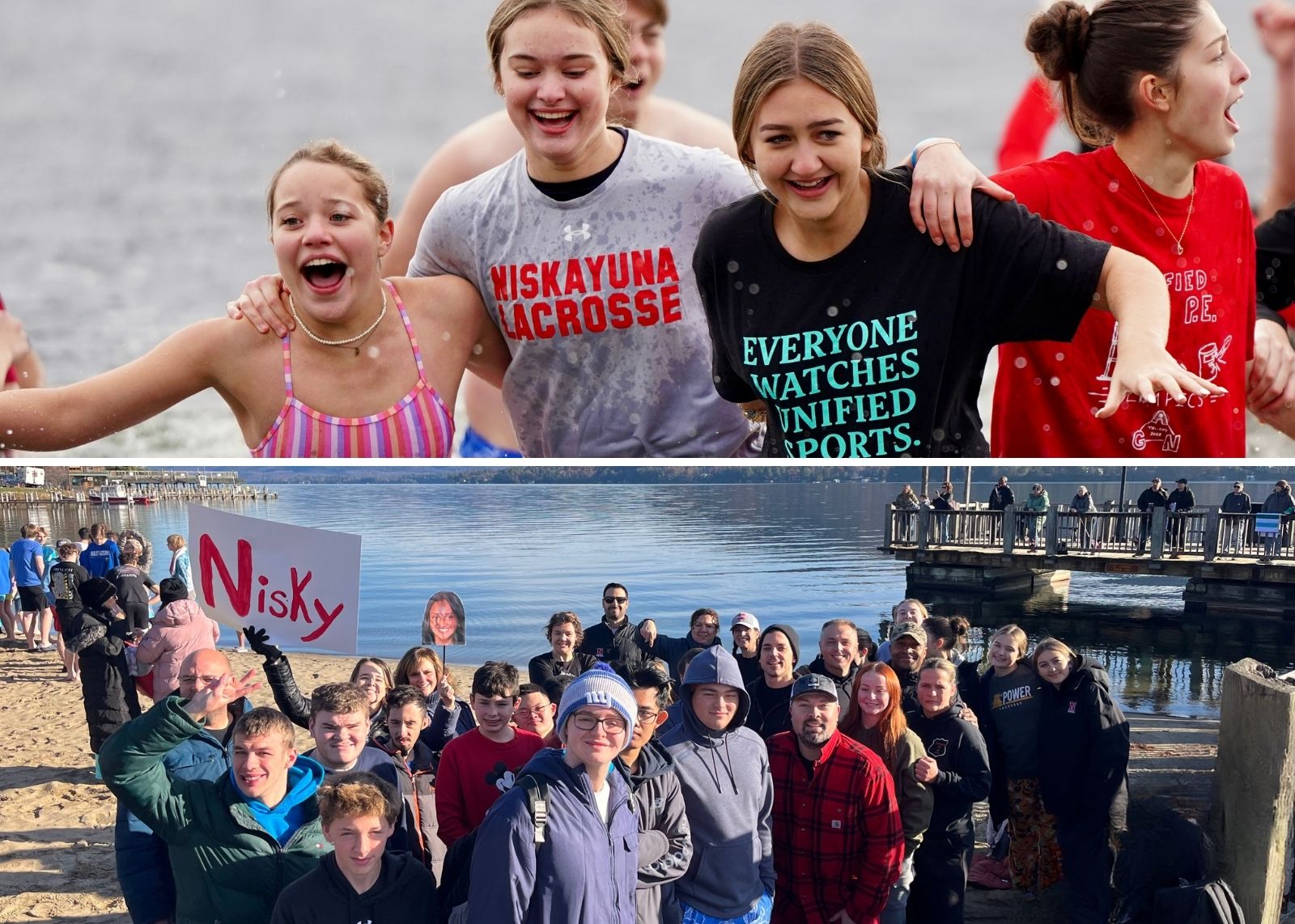 split screen photo with groups at the polar plunge
