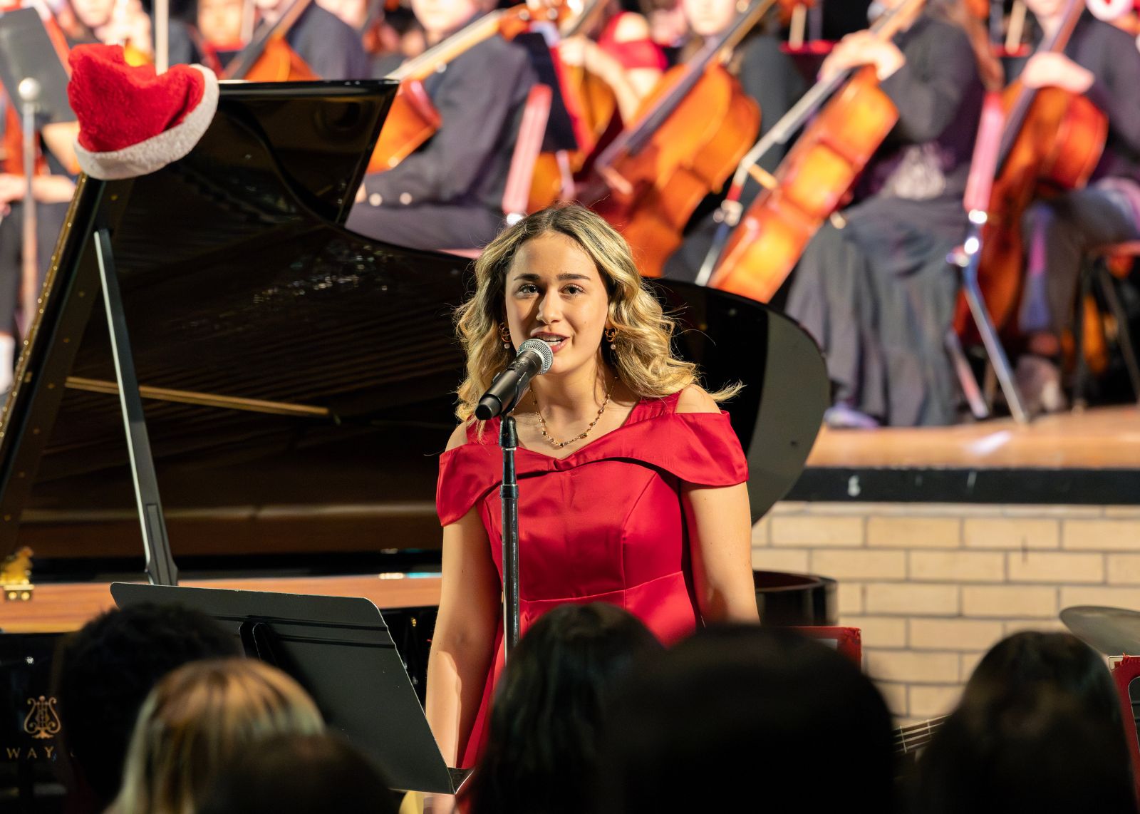 singer in red dress at holiday concert