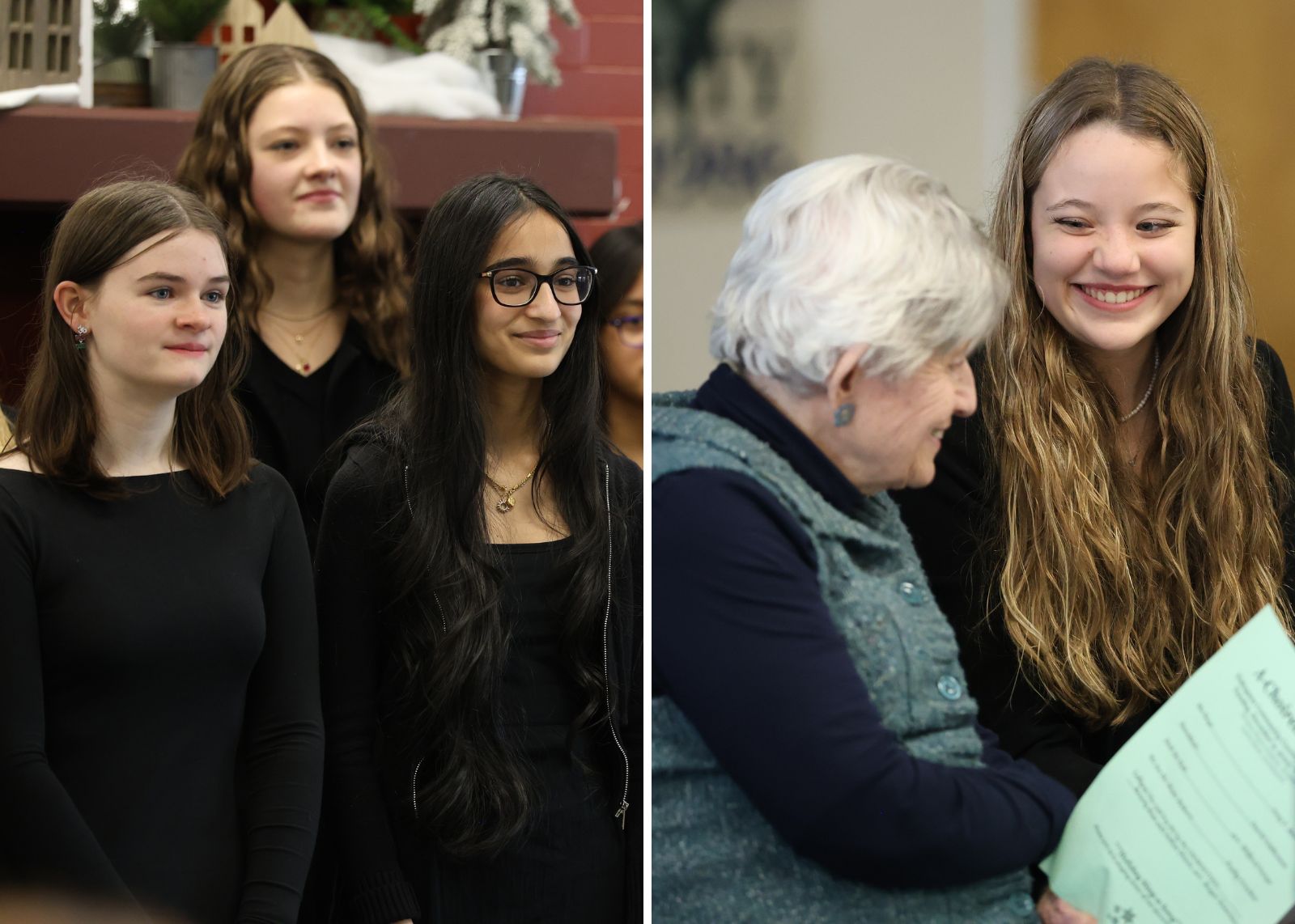 holiday concert spilt screen of choir signing at community center