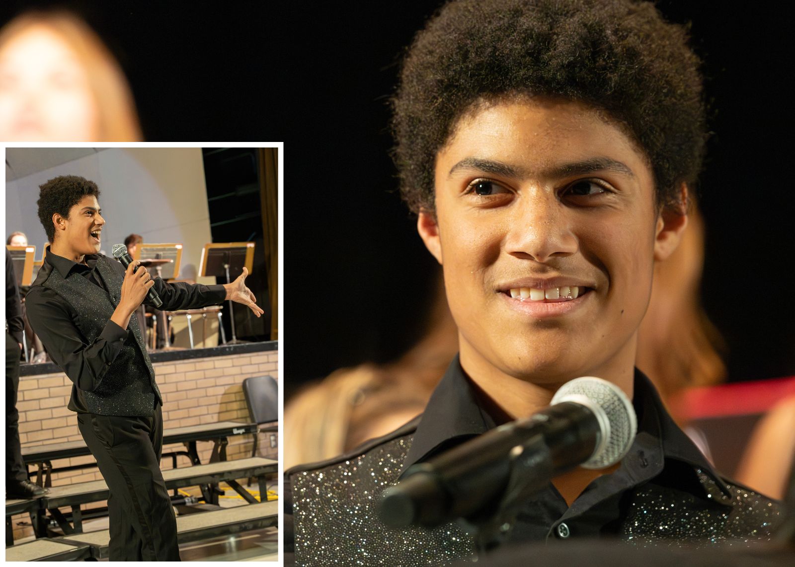 performer at high school concert with an inset photo of performance