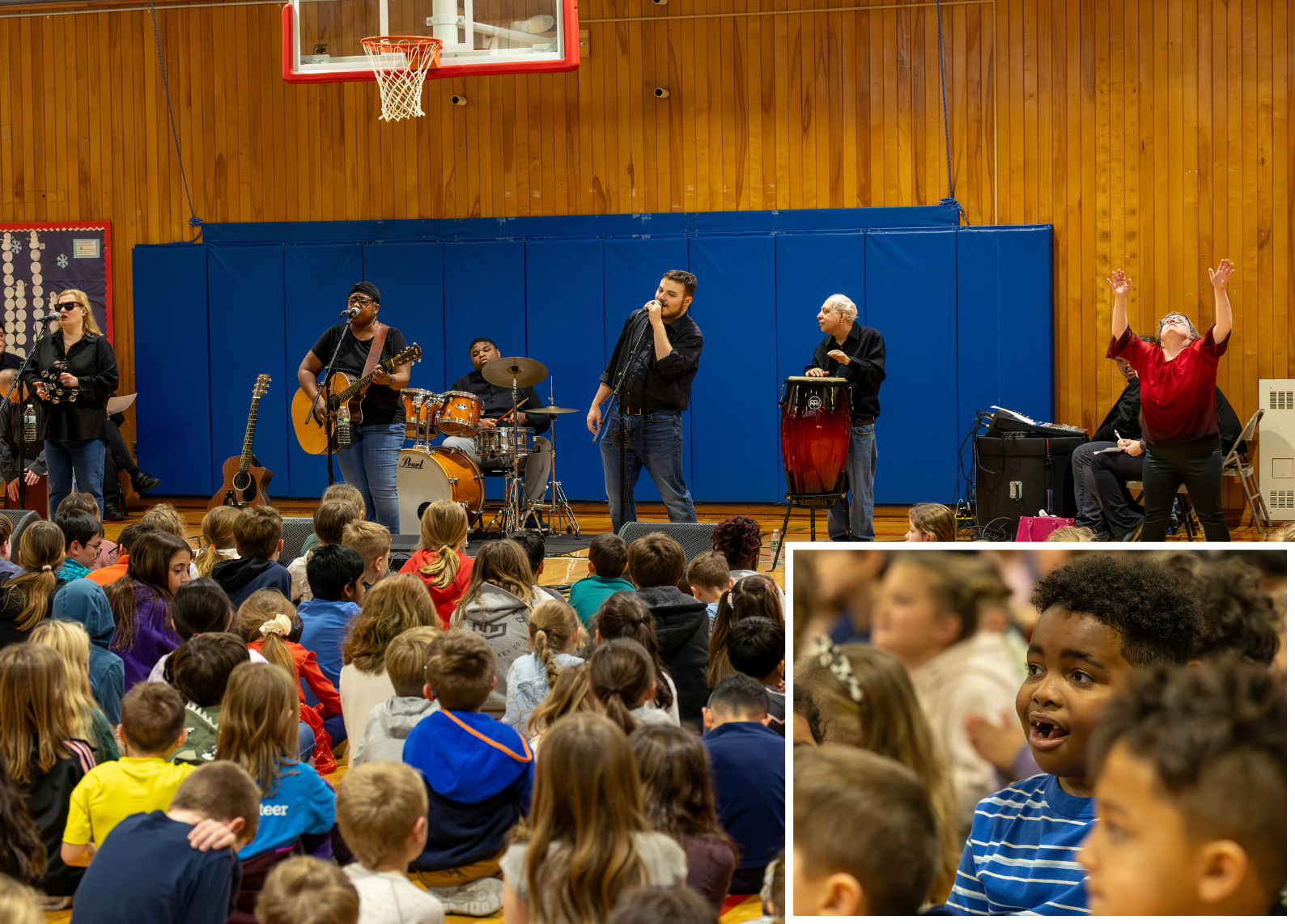 Band performance in elementary gym with inset photo of student enjoying the preformance