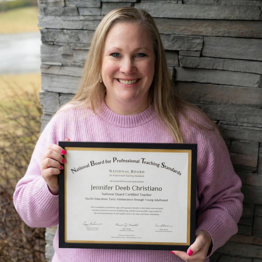 Jennifer Christiano holds framed certificate while smiling against stone wall.