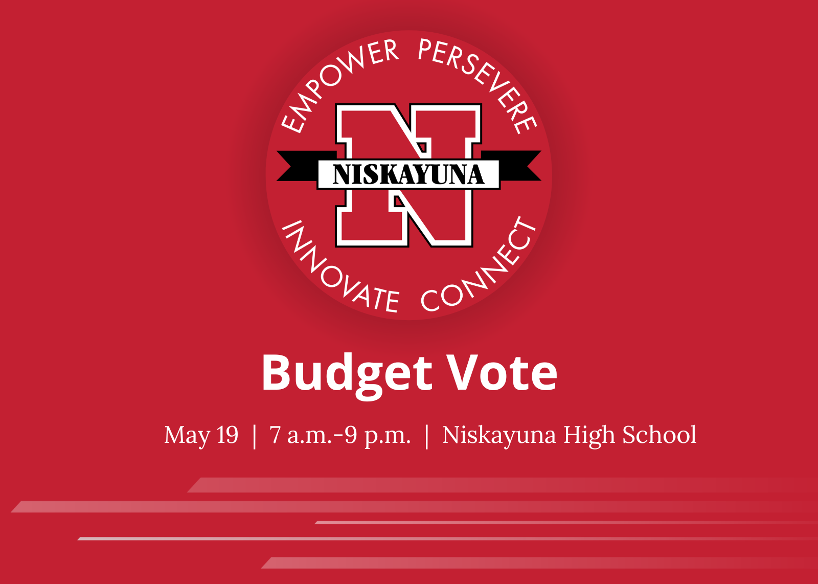 graphic with nisky logo and text that reads Budget Vote May 19 7 am - 9pm Niskayuna High School