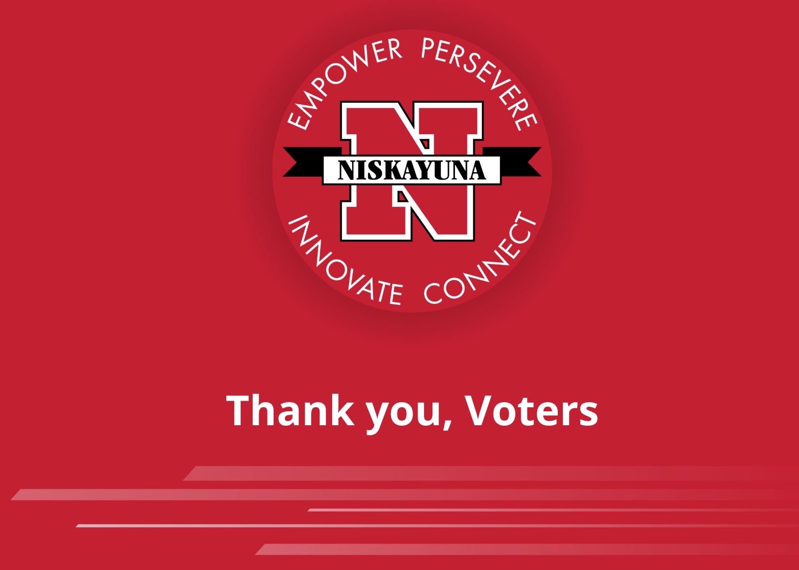 graphic with Niskayuna logo and text that reads Thank you voters and Empower, Persevere, Innovate, Connect