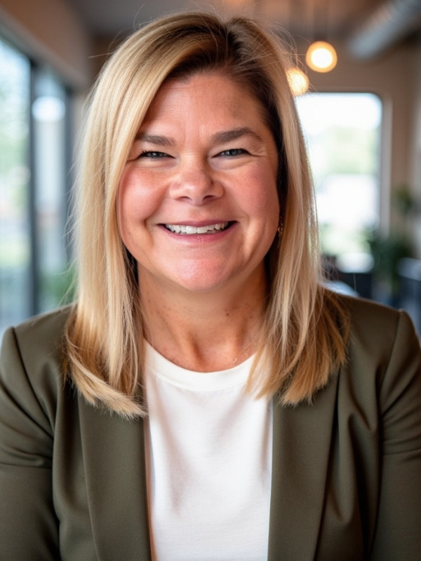 Professional photo of Jessica Moore, smiling wearing a brown white shirt with a brown suit jacket over it