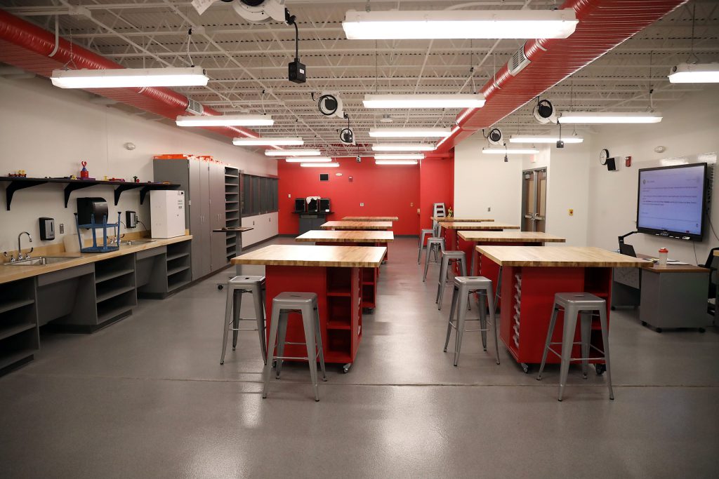 classroom with desks and chairs