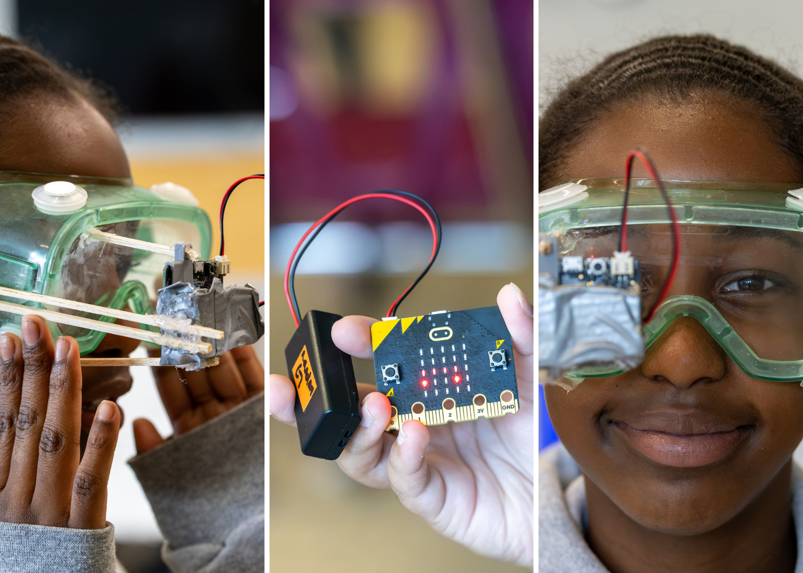 triple photo collage of student wearing homemade vr goggles