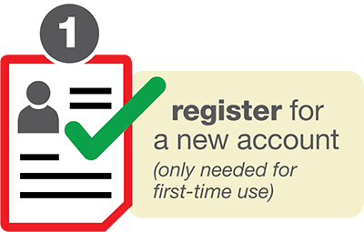 Icon of paper with checkmark and notice "register for a new account - only needed for first time use"
