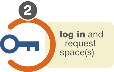 Icon of a key with notice: "log in and request spaces".