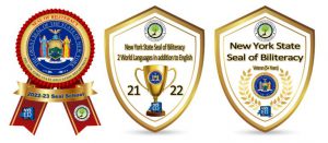 Three Seal of Biliteracy Seals, one as a ribbon and two and plaques.
