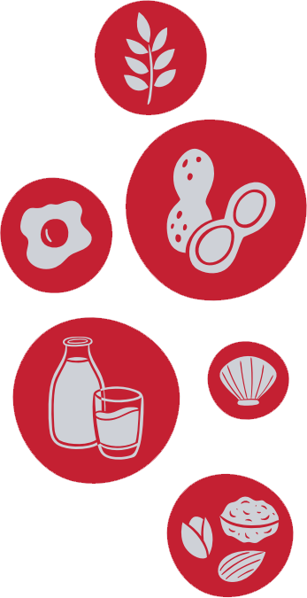 icons of common food allergens: wheat, a fried egg, peanuts, a milk bottle and glass, shellfish, and tree nuts.