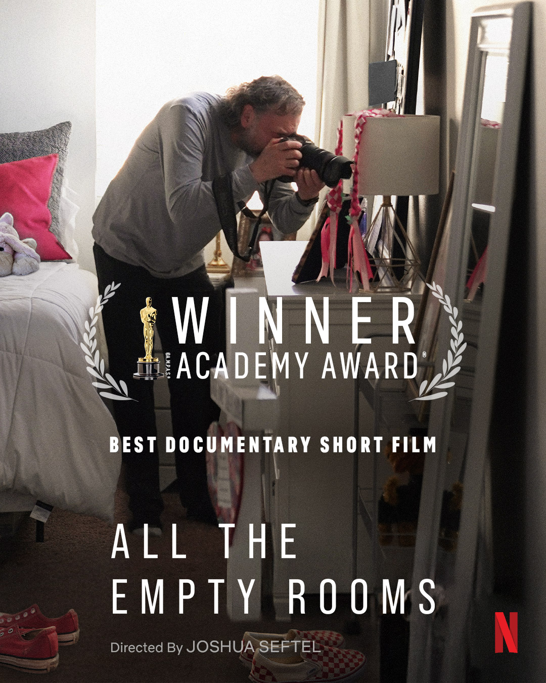 All the Empty Rooms poster includes a man taking a photograph in a bedroom