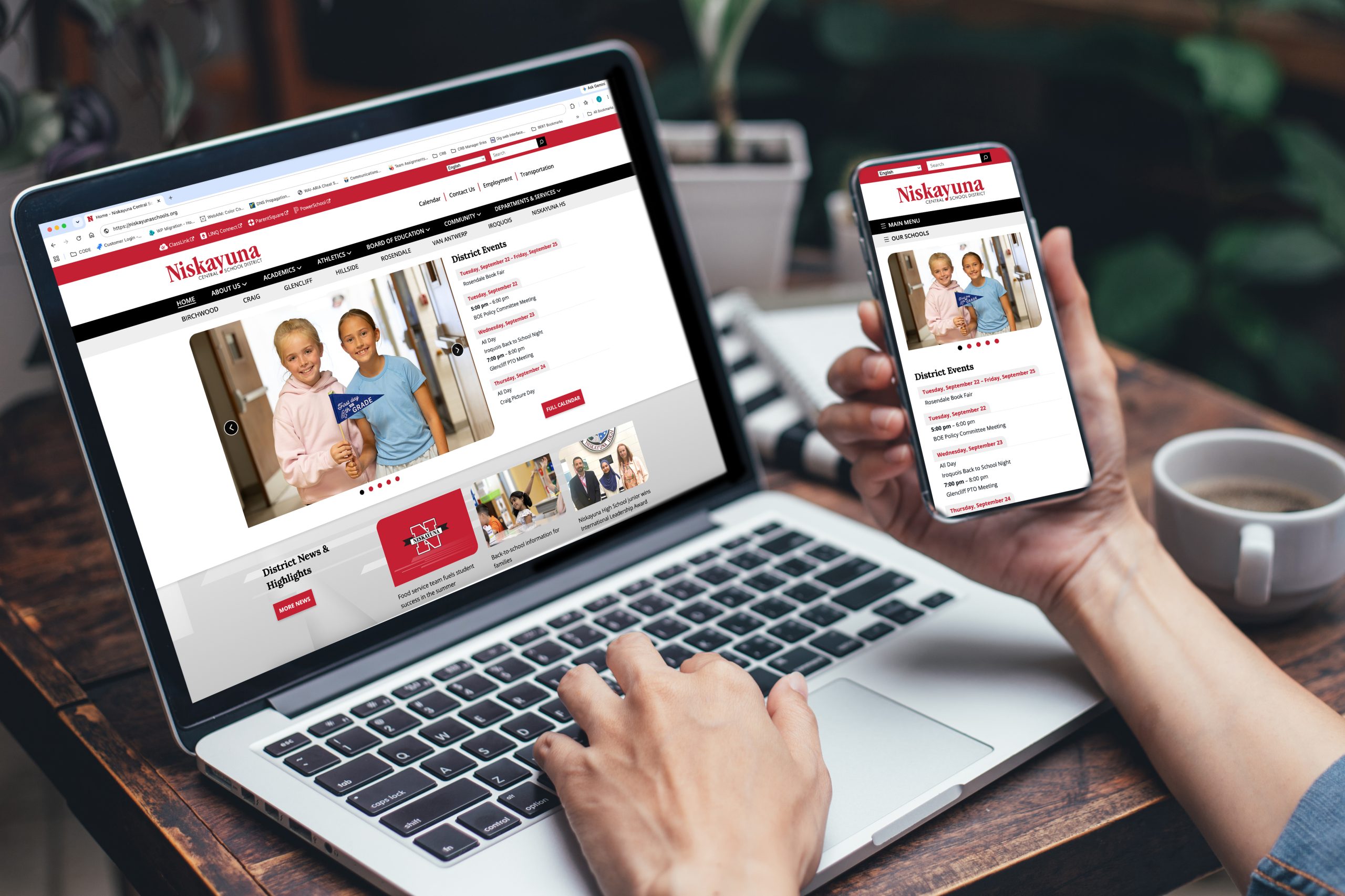 Computer and smartphone with new Niskayuna CSD website shown on it