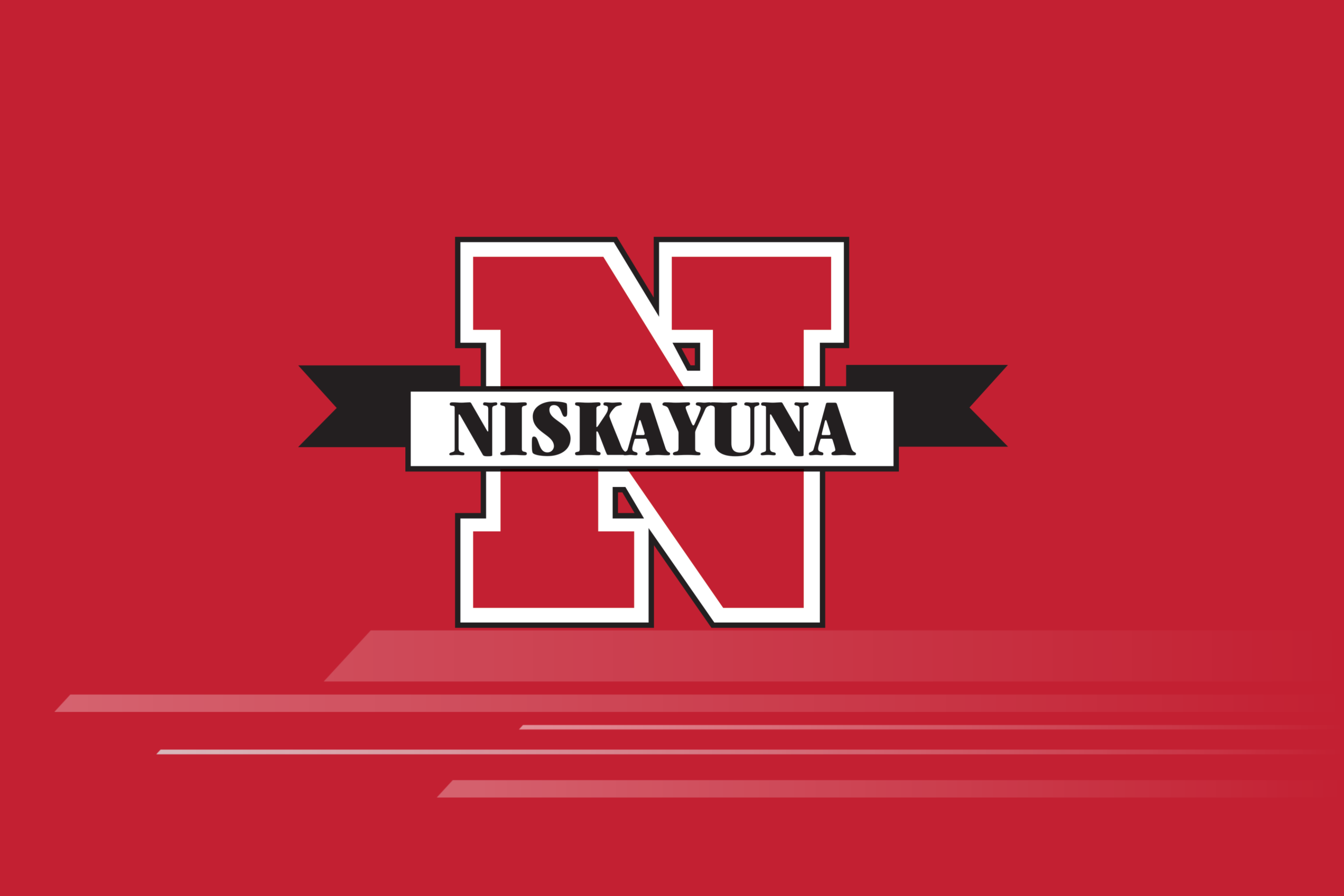 A graphic featuring the Niskayuna High School logo—a large white capital letter "N" behind a red banner outlined in black reading "NISKAYUNA" in white text—set against a dark red background with horizontal stripe accents.