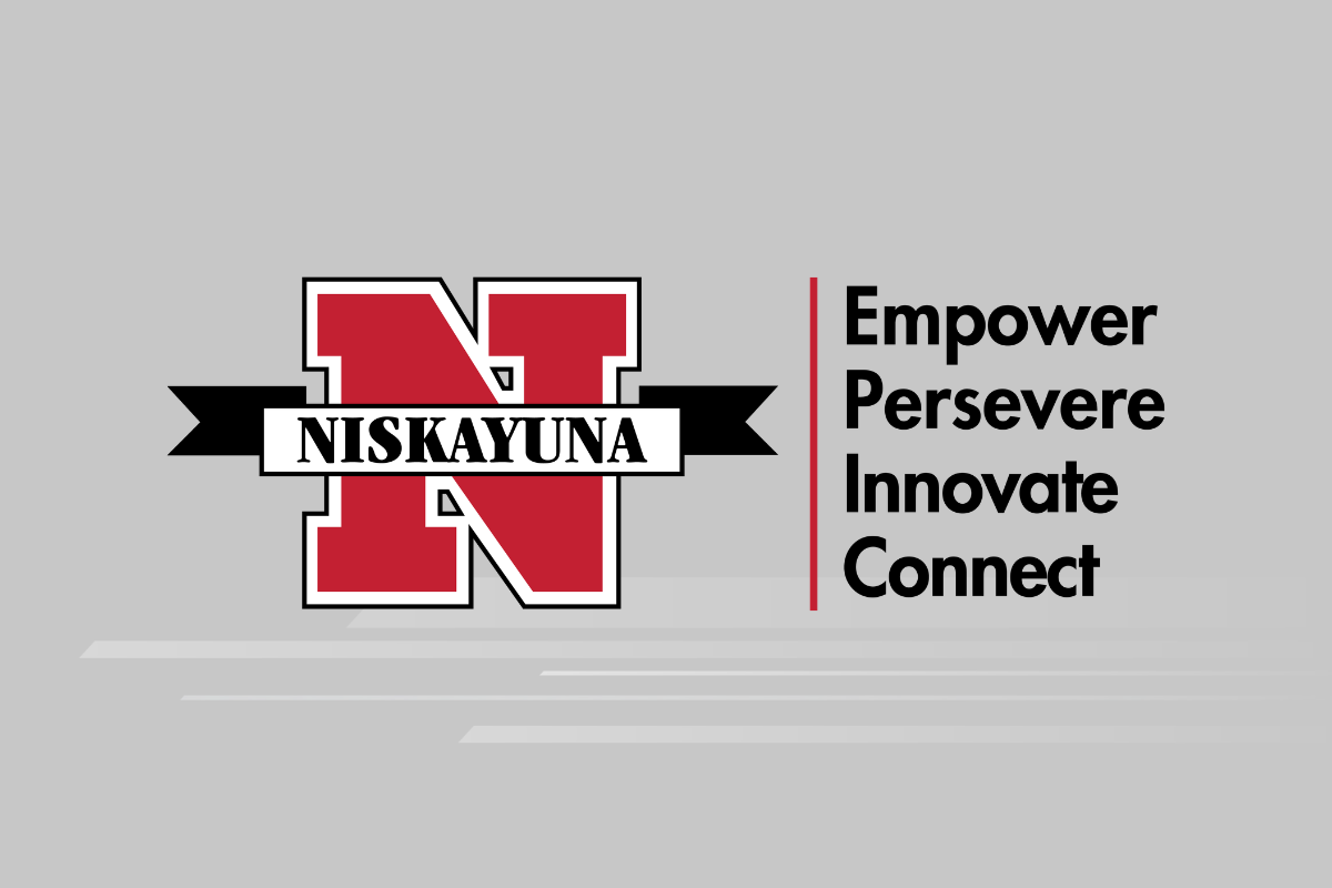Gray background with Niskayuna logo with text: empower, persevere, innovate, and connect.